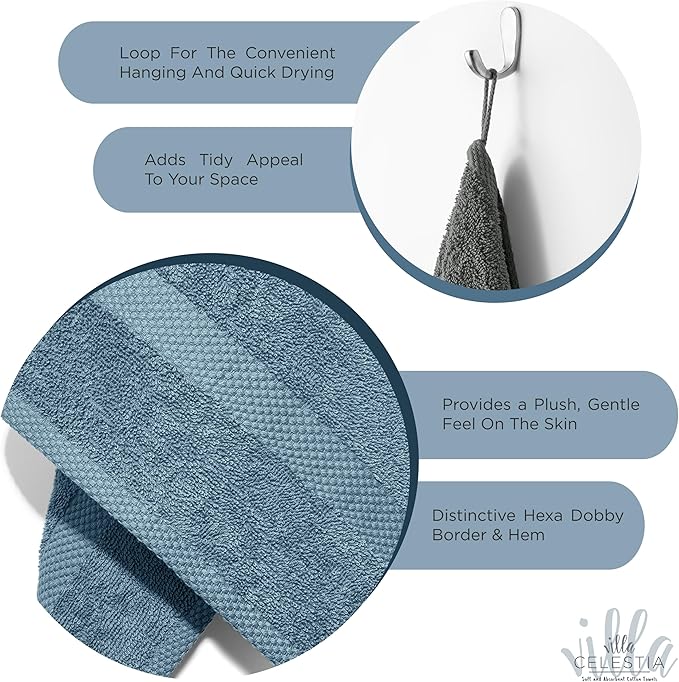 100% Cotton Bath Towel Set of 18-4 Bath Towels, 6 Hand Towels, 8 Wash Cloths, Sustainable, Soft, Highly Absorbent, Combed Cotton 18 Piece Set for Hotels, Spa, Bathroom, Dorm, Blue