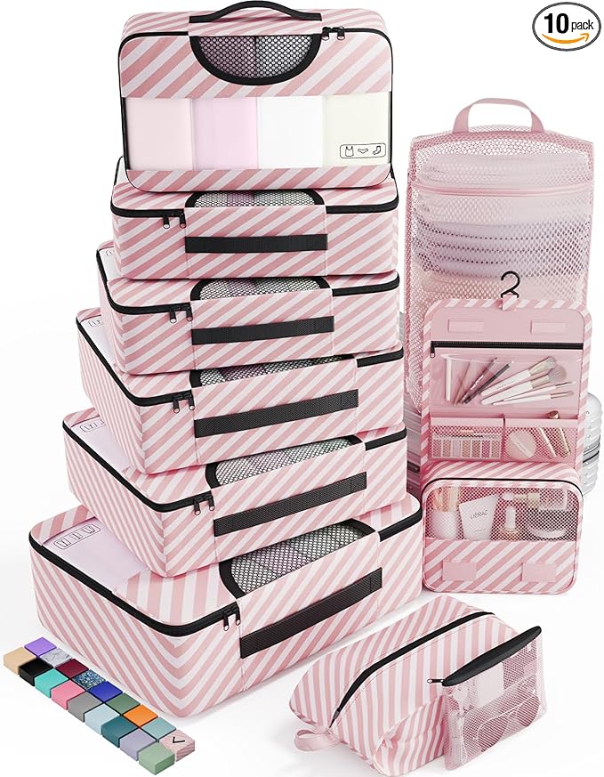 Veken 10 Set Packing Cubes for Travel Essential, Suitcase Organizer Bags in 4 Sizes, Carry-On Luggage Accessories with Large Laundry & Hanging Toiletry Bag, Must-Have for Airplane, Road Trip & Camping