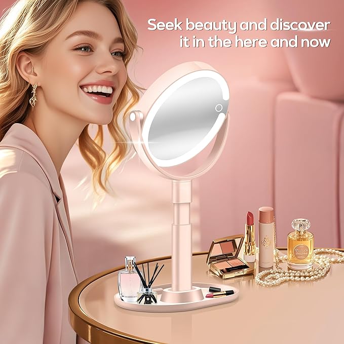 B Beauty Planet Makeup Mirror with Lights, Lighted Magnifying Mirror 30X with 3 Lighting and Adjustable Brightness, 2-Sided Height Adjustable Vanity Mirror for Bathroom, Gifts for Women Pink