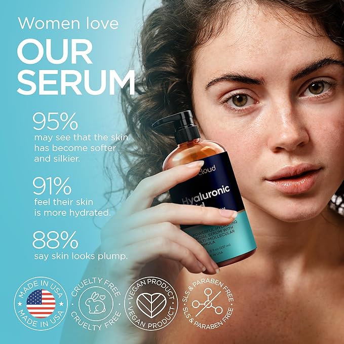 Hyaluronic Acid Serum for Face (8 Oz) for Skin and Lips - Hydrating & Moisturizing Serum for All Skin Types, Paraben-Free & Fragrance-Free