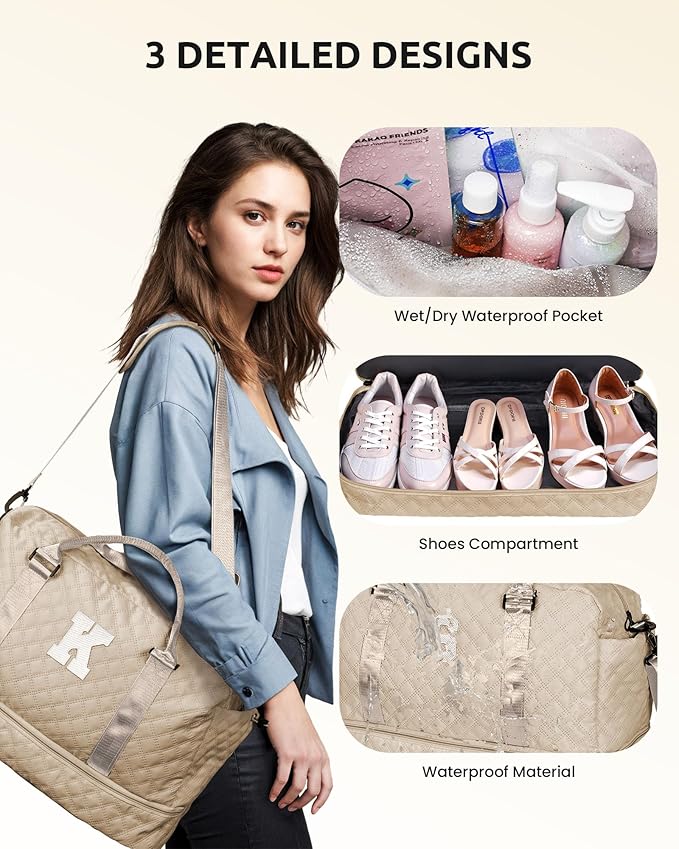Stuff for Girls 17-18, Gifts for Women-Initial Travel Bag with Shoe Compartment, Personalized Weekender Bag, Monogram Overnight Bag for Women, Letter Travel Bag with Makeup Bag (Letter W)