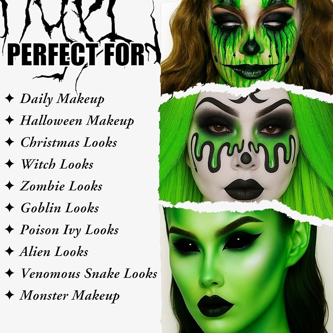 UCANBE Green Halloween Makeup Kit – Zombie Witch Beetle Juice Monster Makeup Set for SFX Costume Cosplay with Eyeshadow Palette, White Foundation, Black Lipstick,Eyeliner, Setting Powder & Sponges