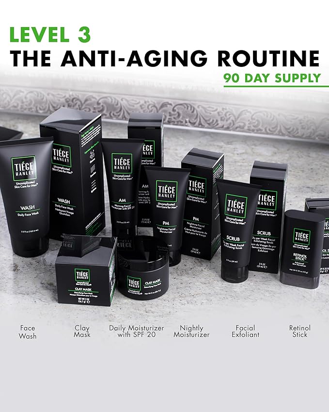 Tiege Hanley 90-Day Large Anti-Aging Skin Care Routine for Men - Includes Face Wash, Scrub, Moisturizers, Clay Mask, & Retinol Stick