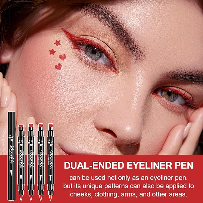 4PCS Red Eyeliner Pen Set, Eyeliner Stamp, Double-headed Red Liquid Eye liner Pencil for Women Eye&Lip Liner Professional Waterproof Halloween Makeup, Star,Triangle,Flower,Heart
