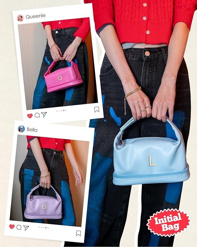 College Girl Gift Ideas, Personalized Makeup Bag with Handle, Initial Double Layer Cosmetic Bag with Makeup Brush Organizer, Birthday Gifts for 11 12 13 14 15 16 17 18 Year Old Girls