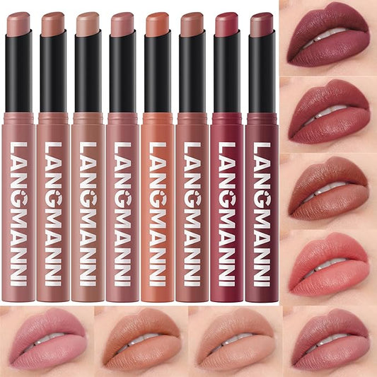 Jolilab 8Pcs Velvet Matte Lipstick Nude Matte Soft Dark Color Stick High Pigmented Long-Lasting Waterproof Lip Stick Lip Balm Beauty Cosmetics Gift for Girls and Women๏ผ01-06+11+12