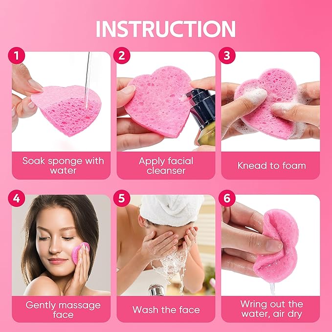 50-Count Heart Shape Compressed Facial Sponges for Daily Facial Cleansing and Exfoliating, 100% Natural Cosmetic Spa Sponges for Makeup Remover