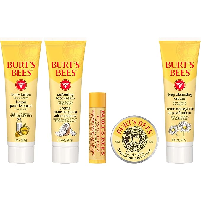 Burt's Bees Back to School Gift Ideas - Essentials Everyday Set, 5 Travel Size Products - Deep Cleansing Cream, Hand Salve, Body Lotion, Foot Cream and Original Lip Balm