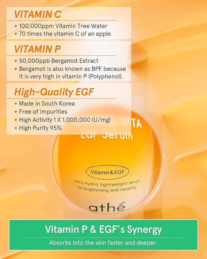 ATHE Toning Vita EGF Serum - Korean Skin Repairing Serum with Vitamin C - Hydrating & Soothing Hypoallergenic Ampoule for Day & Night Use, 1.01 fl.oz.