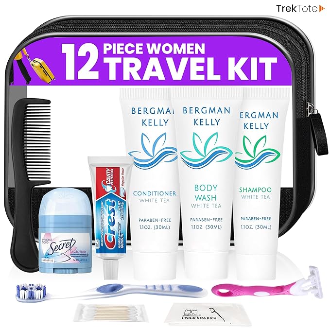 Trektote Bulk Hygiene Kit For Women – (25 Pack) 12 Piece Set Of Travel Size Toiletries, TSA Compliant, Bulk Travel Essentials, Includes Shampoo And Conditioner, Body Wash, Toiletry Bag & More