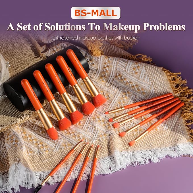 BS-MALL Makeup Brush Set 14 Pcs With Case - Foundation Brush, Concealer Brush, Blush Brush & Flawless Application โ Complete Luxury Cosmetic Brush Kit For Travel & Daily Use