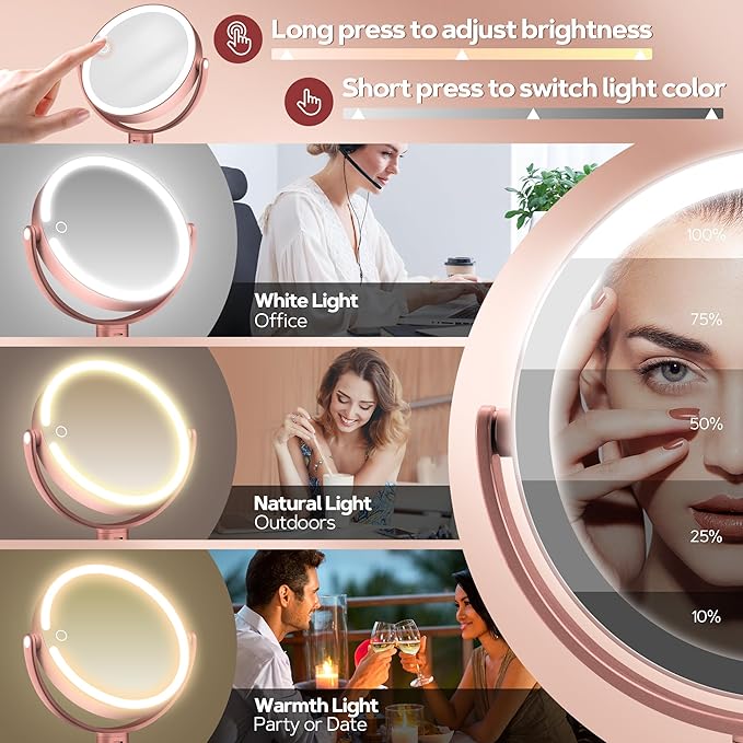 B Beauty Planet Makeup Mirror with Lights, Lighted Magnifying Mirror 30X with 3 Lighting and Adjustable Brightness, 2-Sided Height Adjustable Vanity Mirror for Bathroom, Gifts for Women Rose Gold