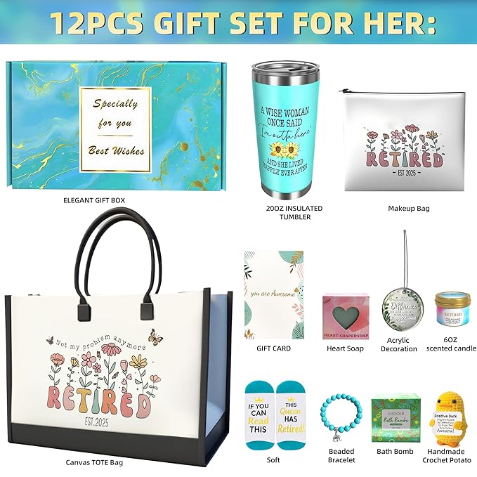 2025 Retirement Gift Set for Women - 12PCS Luxury Bundle with Tote Bag, Makeup Pouch, Tumbler, Candle & More - Perfect Going Away Gifts for Coworkers, Teachers, Nurses, Boss & Friends - (Green)