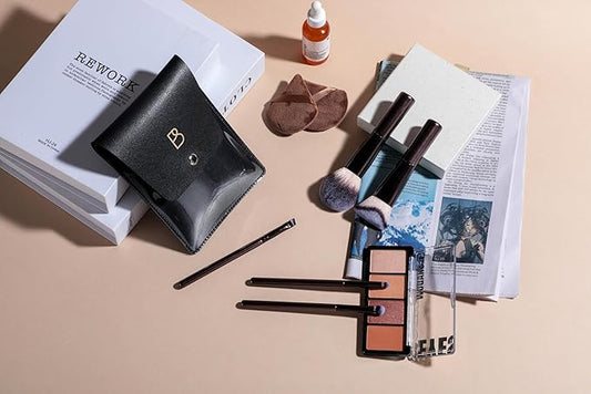 BS-MALL Travel Makeup Brushes Premium Synthetic Foundation Powder Concealers Eye Shadows 7 PCS with Triangle Puff & Storage Bag (Bright black)