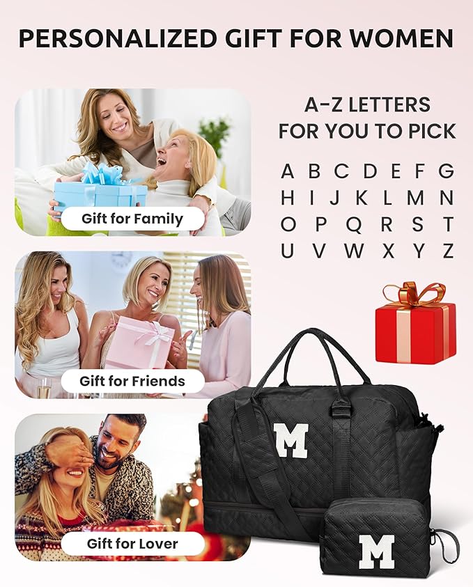 Customized Women Gifts, Travel Essential for Girls, Duffle Bag with Shoe Compartment, Weekender Bag, Overnight Bag for Women, Travel Bag with Makeup Bag Teacher Gifts (Letter D)