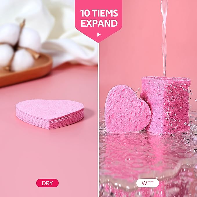 50-Count Heart Shape Compressed Facial Sponges for Daily Facial Cleansing and Exfoliating, 100% Natural Cosmetic Spa Sponges for Makeup Remover