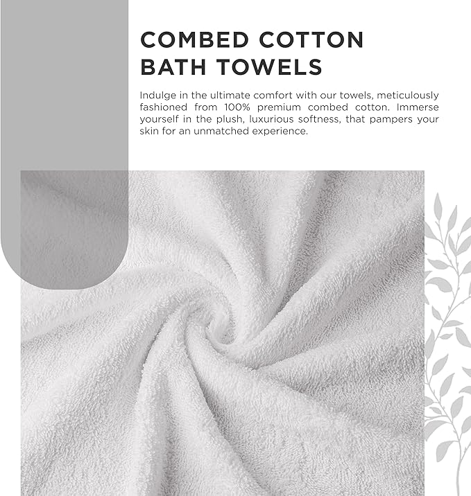 600 GSM 100% Cotton Bath Towels, White, Set of 4, Highly Absorbent, Plush, Soft, Quick Dry, 4 Pieces Combed Cotton Luxury Towels for Hotels, Spa, Salon, Bathroom, Dorm, Pack of 4