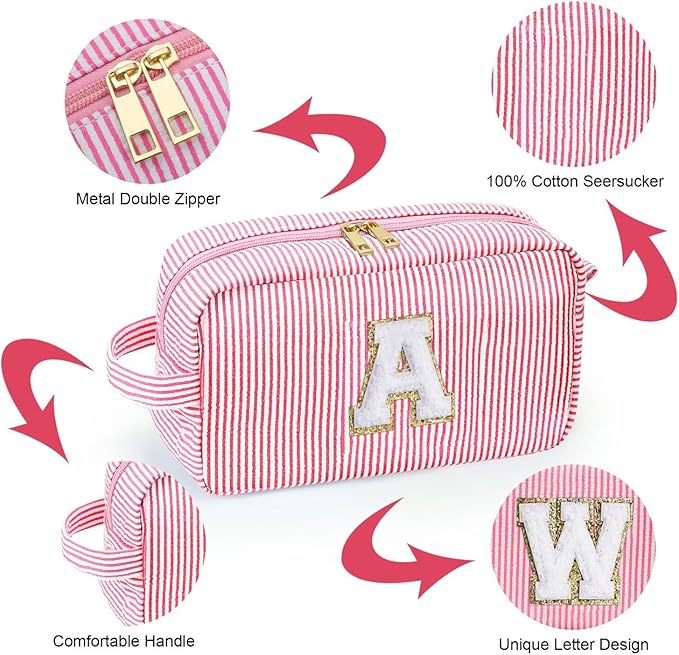 YOOLIFE Monogram Cute Initial Pink Makeup Bags - Cosmetic Toiletry Pouch Make Up Case for Women's Friendship, Personalized Birthday Gifts