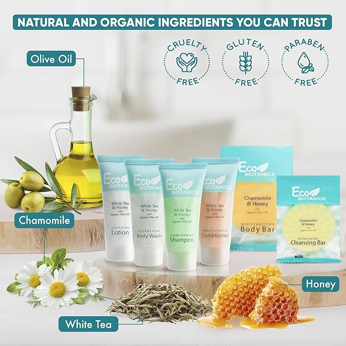 Terra Pure Eco Botanics Amenity Kit | Hotel Bulk Toiletries | 0.85 oz Shampoo, Conditioner, Lotion, Body Wash, Body Bar Soap for Guest Hospitality Vacation Rentals | 60 Sets/Case