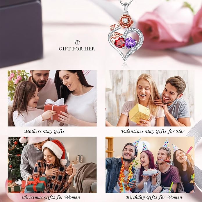 Iefil Rose Heart Birthstone Necklaces for Women - 925 Sterling Silver Double Birthstone Necklace, Anniversary Birthday Gifts for Women, Jewelry Gifts for Wife Her