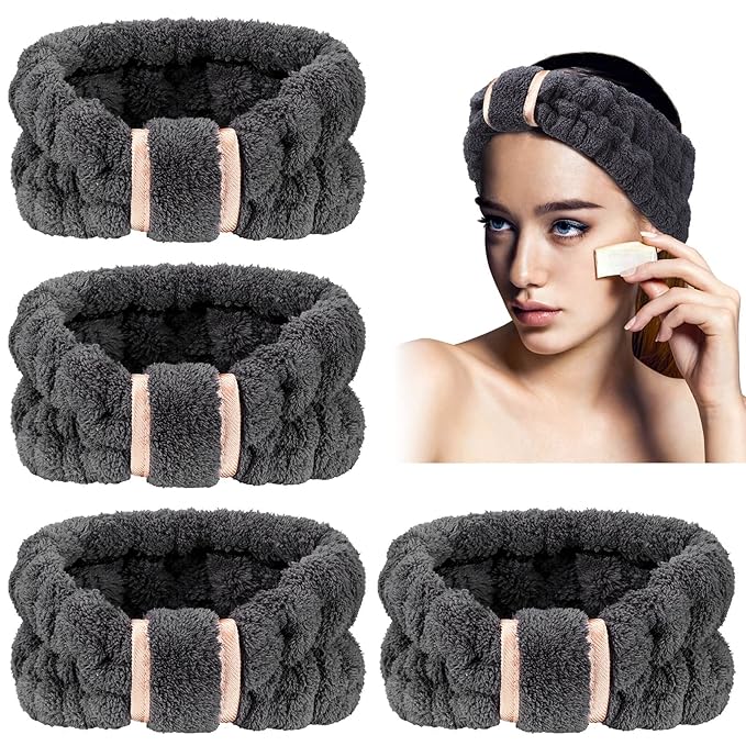 WILLBOND 4 Pack Microfiber Headbands Spa Facial Headbands Makeup Head bands Elastic Terry Cloth Head Wrap for Women Girls Washing Face Makeup Shower Yoga Sports(Black)