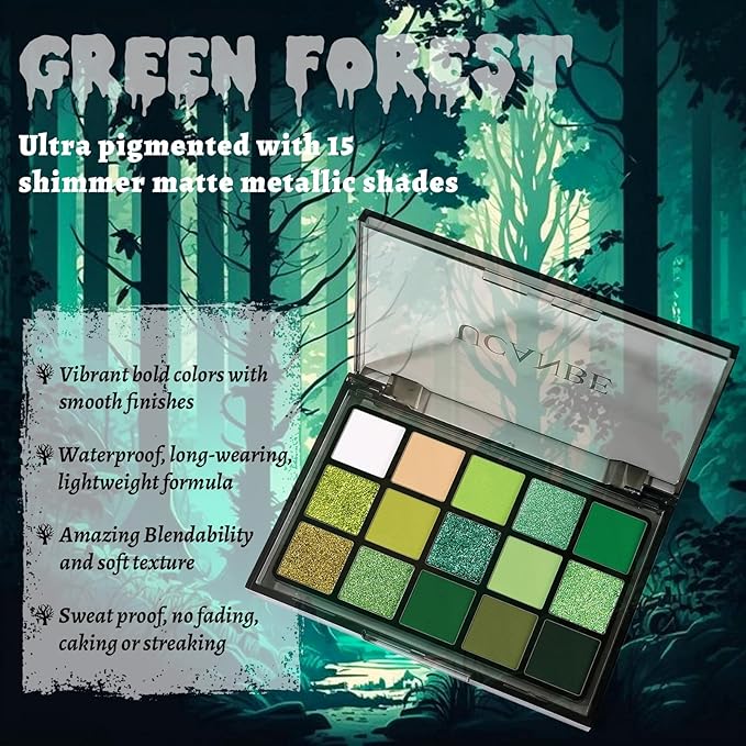 UCANBE Green Halloween Makeup Kit – Zombie Witch Beetle Juice Monster Makeup Set for SFX Costume Cosplay with Eyeshadow Palette, White Foundation, Black Lipstick,Eyeliner, Setting Powder & Sponges