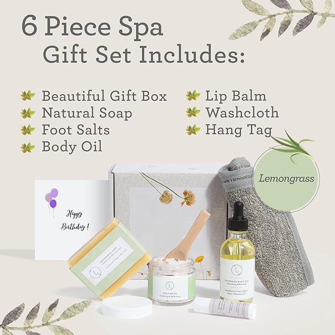 Lizush Lemongrass 6-Piece Spa Gift Set for Women - Relaxing Self-Care Basket, Luxury Handmade Body Care Items for Premium Relaxation - Sending Hugs - Handmade in The USA