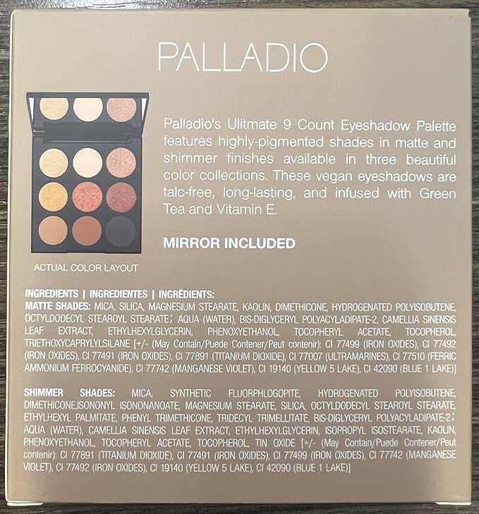 Palladio Ultimate 9-Count Eyeshadow Palette, Talc-Free Formula, High Pigmented Shades in A Mix of Matte & Shimmer Finishes, Blendable Long Lasting Colorful Professional-Grade Makeup (Golden Sands)