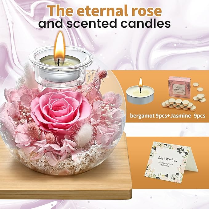 Birthday Gifts for Women,Eternal Preserved Real Rose with Scented Candle (Bergamot9Pcs+Rose9Pcs),Preserved Rose in Glass Dome, Christmas Valentine Mothers Day Gifts for Her Mom Girlfriend,Home Decor