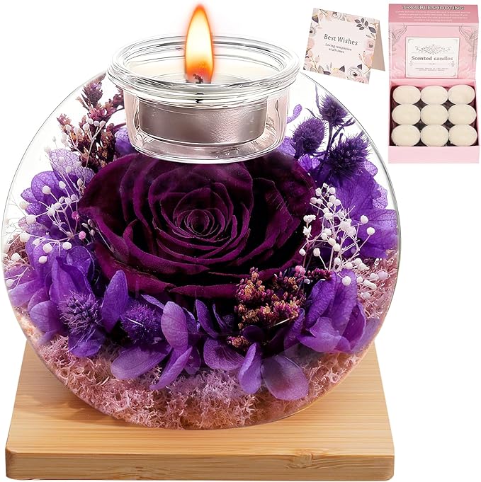 Eternal Preserved Real Rose, Glass Dome Gift Set with 18 Scented Candles (9 Vanilla,9 Lavender), Mother's Day Valentine Christmas Birthday Gift for Women Mom Girlfriend Wife Home Decor (Dark Purple)