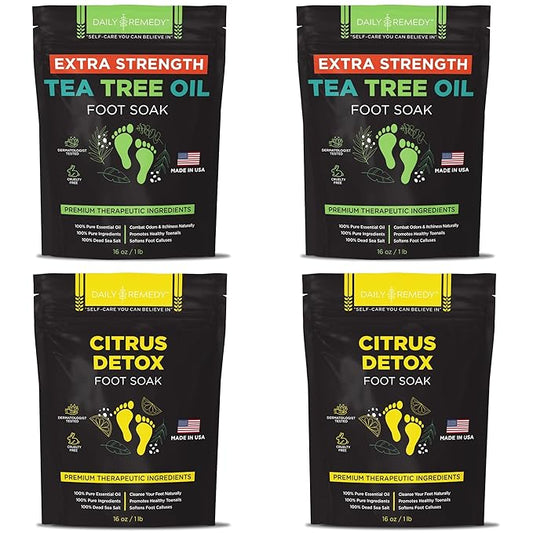 DAILY REMEDY 4-Pack Foot Soak Set - 2 Extra Strength Tea Tree Oil & 2 Citrus Detox - Made In USA - Soothes Tired Feet, Athletes Foot, Stubborn Foot Odor, Softens Calluses & Refreshes & Detoxifies