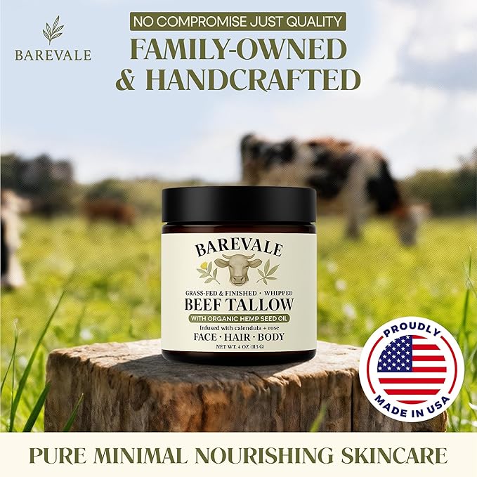 Grass-Fed Whipped Beef Tallow Balm with 100% Cold-Pressed Organic Hemp Seed Oil, Organic Calendula & Organic Rose, Pure Moisturizer for Sensitive Skin, Face, Hair & Body, 4-oz | Non-Toxic