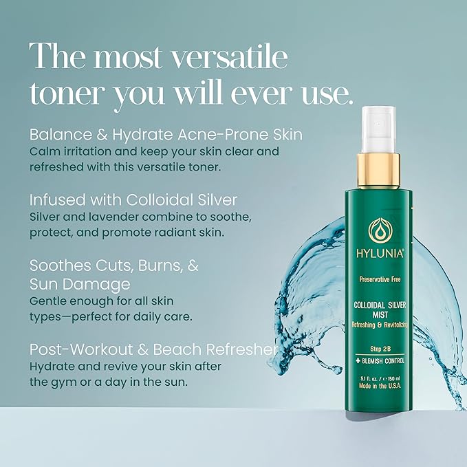 Hylunia Colloidal Silver Mist Toner 5.1 fl. oz. โ Hydrating Versatile Toner for Acne-Prone Inflamed Skin | Infused with Colloidal Silver & Lavender for Glowing Skin Cuts & Burns, Body-Refresher