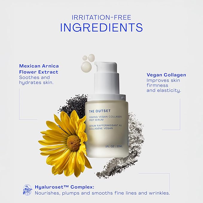 The Outset Firming Vegan Collagen Prep Serum - Gentle, Fragrance Free Multi-Benefit Serum - Hydrating, Brightening, Plumping and Anti-Aging - Clean, Vegan, Gluten Free - All Skin Types - 1 fl oz