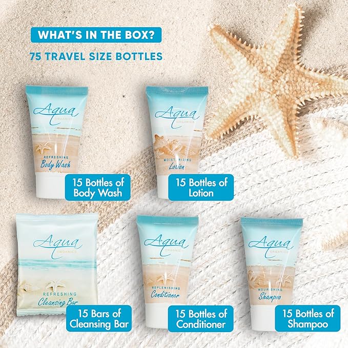 Aqua Organics Hotel Soaps & Toiletries Bulk Set | 1-Shoppe Amenities Kit | 1oz Shampoo & Conditioner, Body Wash, Lotion, 1oz Bar Soap | Travel Size | 75 Pieces