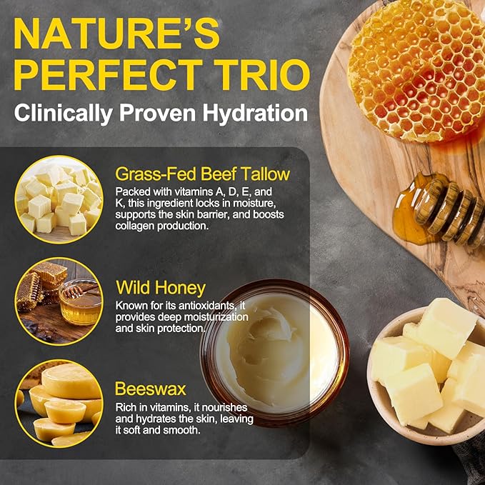 Beef Tallow for Skin, Tallow and Honey Balm for Face - 100% Organic Grass-Fed Beef Tallow & Raw Wild Honey - Moisturizing Cream for Soft, Smooth Skin- Light Scent, Moisturizing Natural Formula, 4.2 Oz