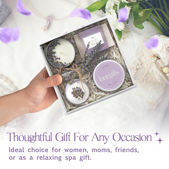 Lavender Spa Gift Set & Basket for Women – Relaxing Self Care Package with Candle, Bath Bomb, Soap & Scrub – Birthday, Thank You, Christmas, Housewarming, Bridal Shower, Get Well Soon Gifts