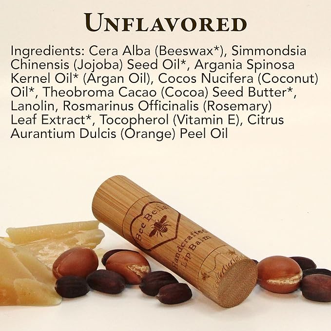 Bee Bella Lip Balm, Unscented (Unflavored), 3 Pack - Moisturizing Lip Care, 100% Natural, Original Organic Beeswax with Vitamin E, Handmade in USA