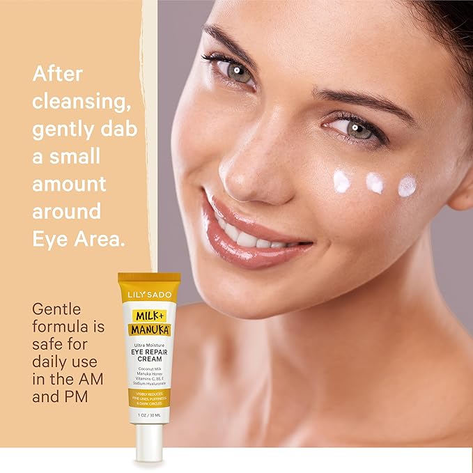 LILY SADO MILK+MANUKAโข Eye Repair Cream - Anti-Aging Natural Gentle Formula w/Coconut Milk, Manuka Honey, Sodium Hyaluronate & VITS C, B5 & E - Prevents Puffiness, Under-eye Wrinkles & Eye Bags - 1oz