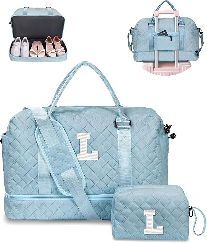 Personalized Gifts-Girls Duffle Bag with Shoe Compartment, Personalized Weekender Bag, Monogram Overnight Bag, Letter Travel Bag with Makeup Bag,Birthday Gift For Women Girl (Letter L)