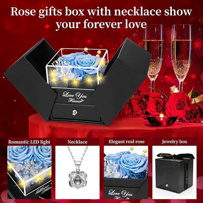 2 Preserved Real Rose with Heart I Love You Necklace- Eternal Rose Birthday Gifts for Women Wife Girlfriend Her Mom on Festivals Gifts Christmas Valentines Mothers Day Anniversary-Sky Blue Roses