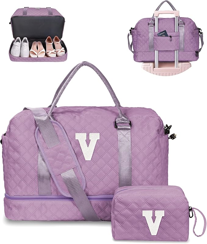 Birthday Gifts for Women - Duffle With Shoe Compartment, Personalized Weekender, Monogram Overnight Bag, Letter Travel With Makeup Bag, Preppy Gifts for Girl (Letter V)