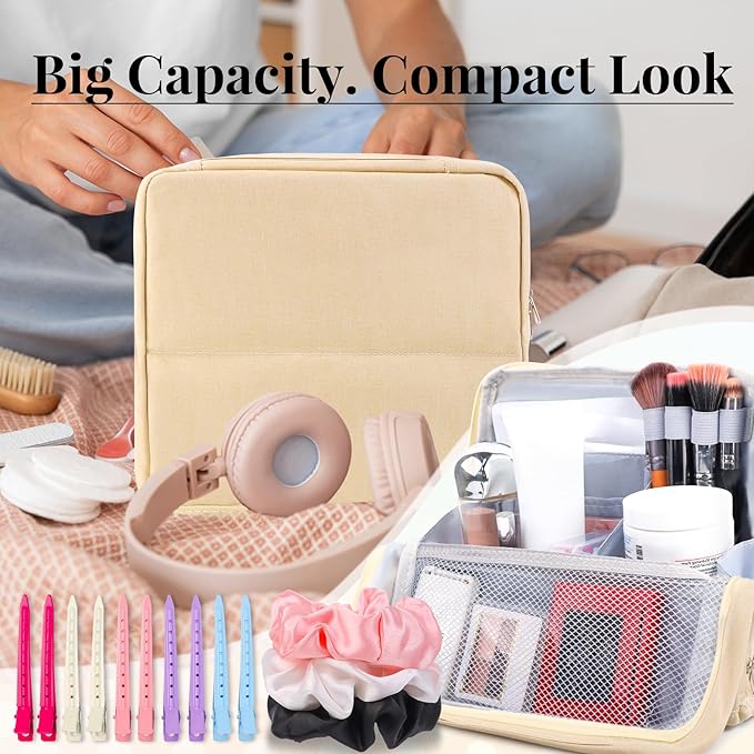 Standing Makeup Bag Gift Set β Large Travel Cosmetic Organizer That Supports Mirror or Phone β Includes 3 Silk Scrunchies & 10 Duckbill Hair Clips β Great Gift for Women & Girls (BEIGE)