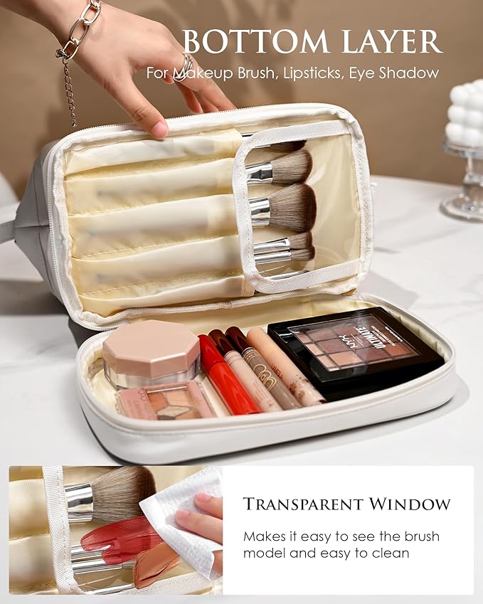 Initial Makeup Bags, Friend Gifts, Personalized Double Layer Cosmetic Bag with Makeup Brush Organizer, Waterproof, Large Capacity PU Leather Travel Toiletry Bag, Birthday Gifts for Girls