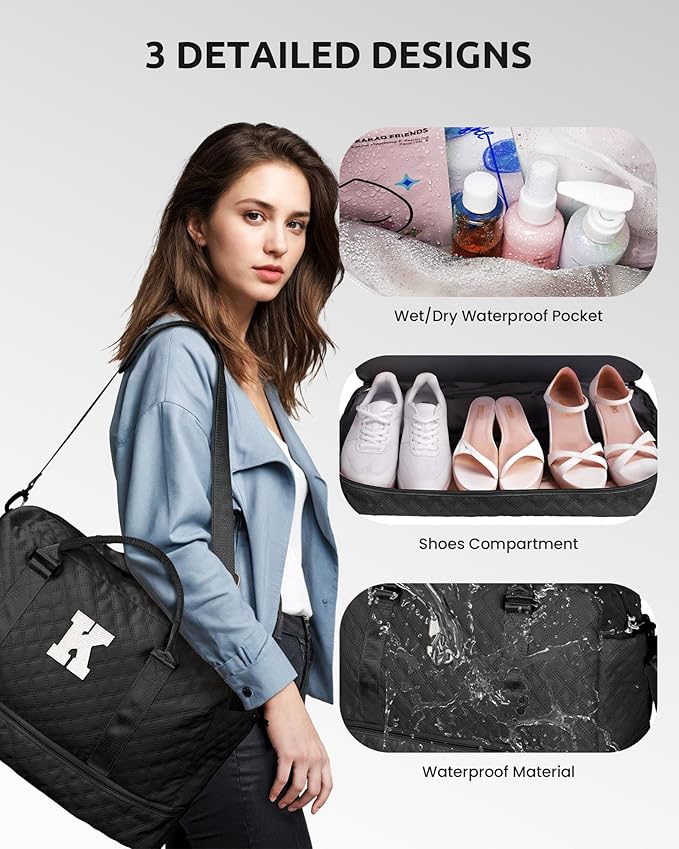 Customized Women Gifts, Travel Essential for Girls, Duffle Bag with Shoe Compartment, Weekender Bag, Overnight Bag for Women, Travel Bag with Makeup Bag Teacher Gifts (Letter D)