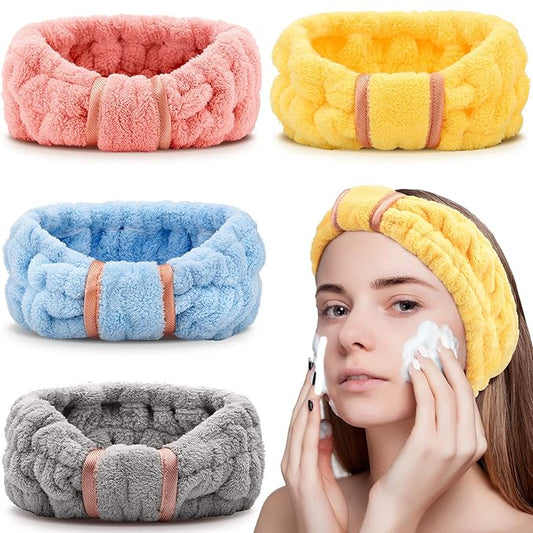 WILLBOND 4 Pack Microfiber Headbands Spa Facial Headbands Makeup Head bands Elastic Terry Cloth Head Wrap for Women Girls Washing Face Makeup Shower Yoga Sports(Bright Red, Light Blue, Yellow, Grey)