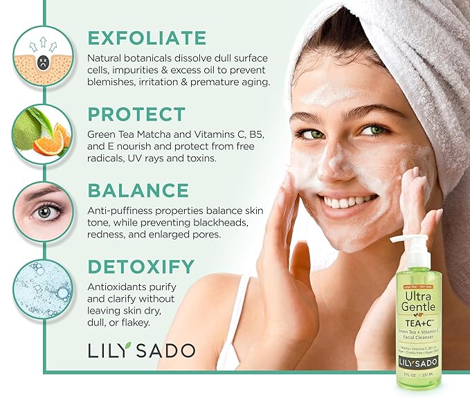 LILY SADO TEA+Cβ’ Green Tea & Vitamin C Face Cleanser β Natural Vegan Antioxidant Daily Face Wash with Aloe, Rosehip, Meadowfoam - Gentle Deep Cleansing for Acne, Blackheads, Blemishes. 8 oz