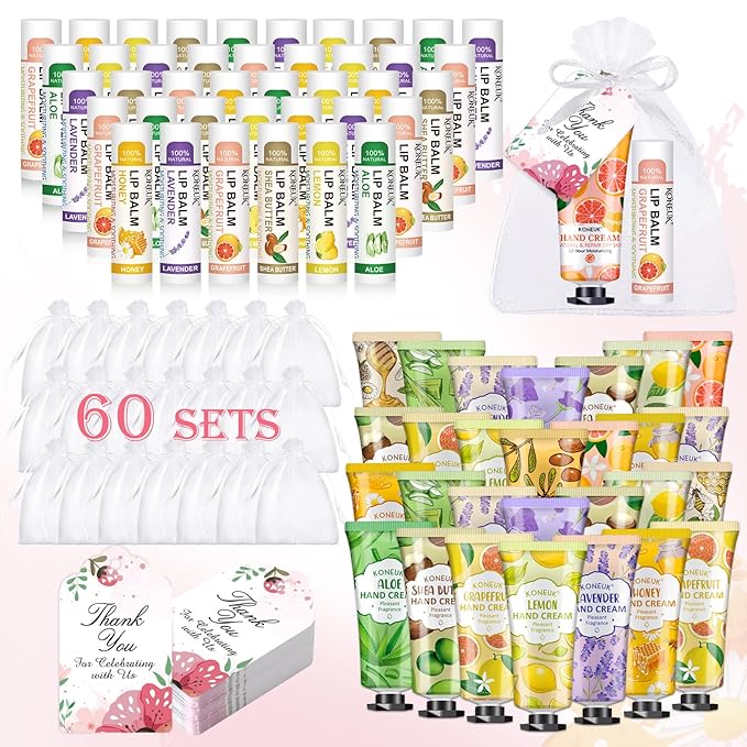 60 Pack Hand Cream Bulk and Lip Balm Bulk Sets, Stocking Stuffers for Women, Christmas Gifts and Bridal Shower Gifts for Guests, Employee Appreciation Gifts, Mom Gifts, Birthday Gifts and Small Gifts