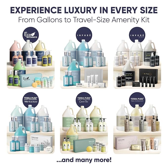 Eco Botanics Amenity & Accessory Kit | 0.85 oz Travel Size Shampoo, Conditioner, Lotion, Body Wash, Soap Bar, Shave & Dental Sets, Make-Up Remover Wipes, & Vanity Kit | 60 sets per case