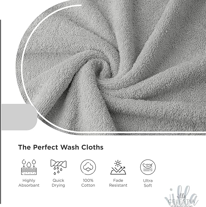 100% Cotton Wash Cloth for face & Body Set of 6, (12 x 12 inches) Sustainable, Soft, Highly Absorbent, Combed Cotton Wash Cloths Pack of 6 for Hotels, Spa, Bathroom, Dorm, Silver